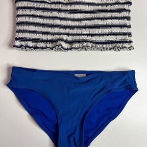 Striped Bandeau Bikini Top and Blue Bottoms